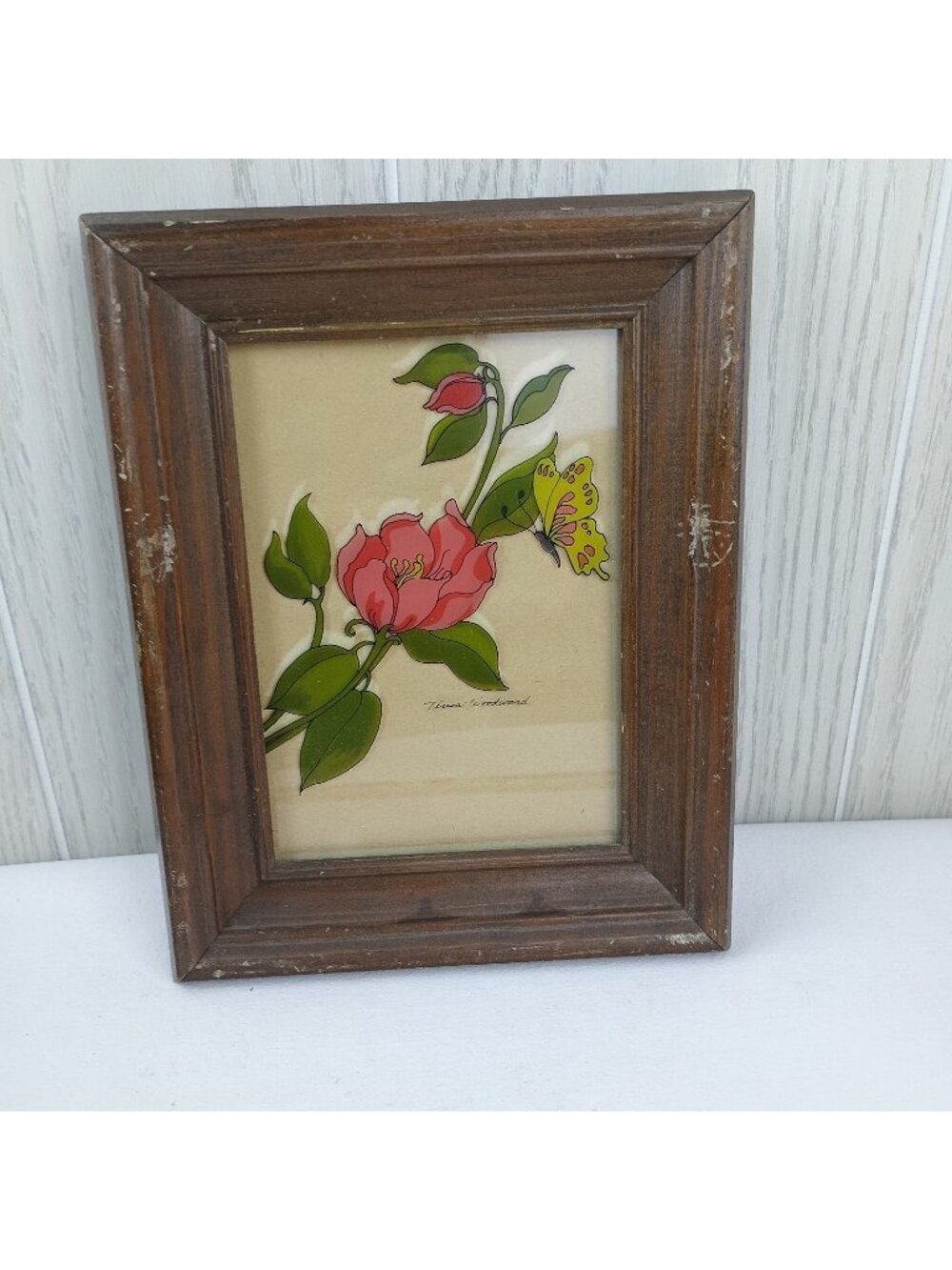 Vintage DANALCO framed yellow butterfly with light red/pink flowers
